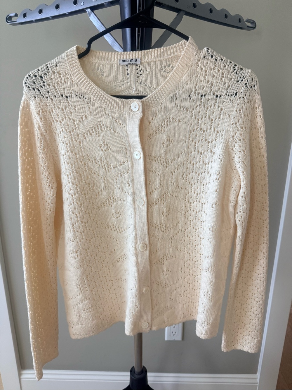 Miu Miu Cream Eyelet Openwork Button Cardigan
